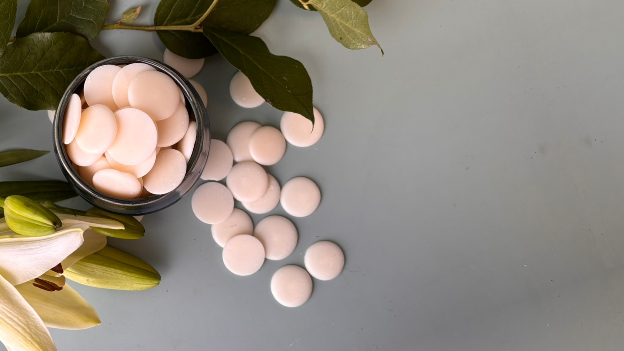 Cocoa Butter wafers in a blue jar with a large lily and leaves on a blue/grey background